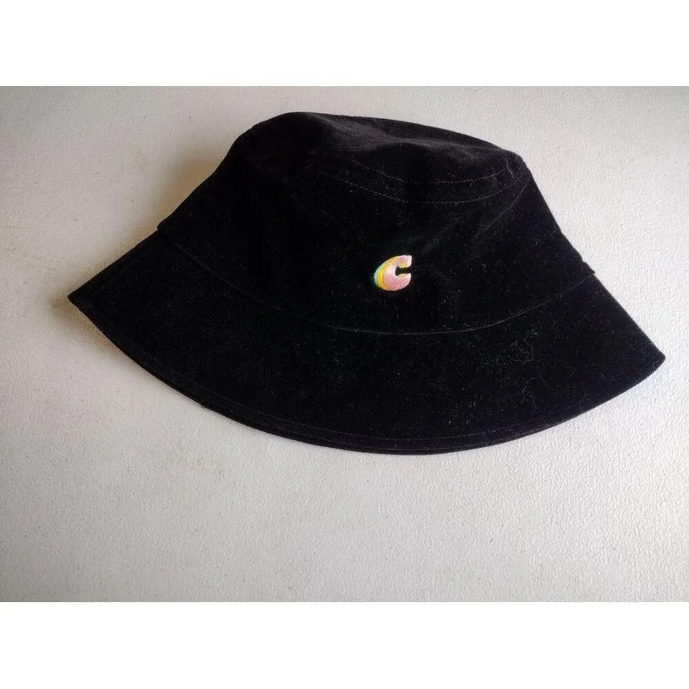 CIDER Black Velvet Bucket‎ Hat Embroidered C Logo Rainbow Accent Unisex